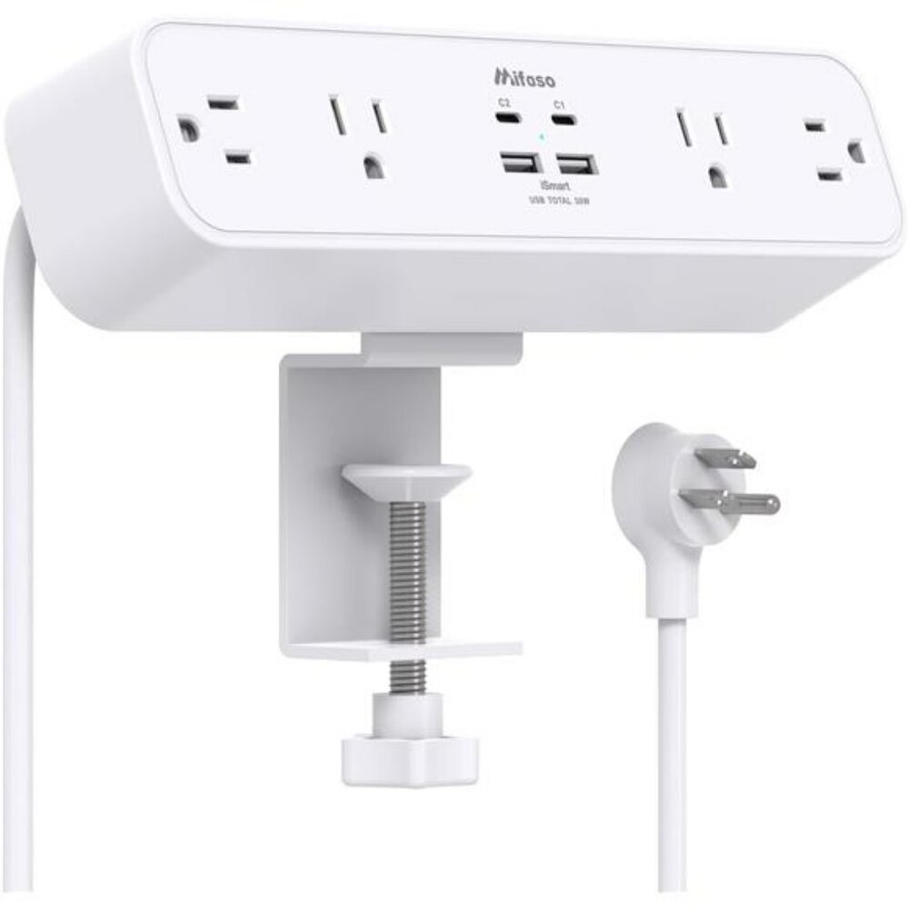 Desk clamp power strip surge protector with USB C fast charging station 5ft cord